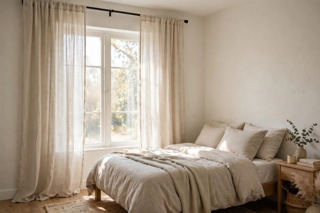 Curtains hung high and wide in a rental bedroom