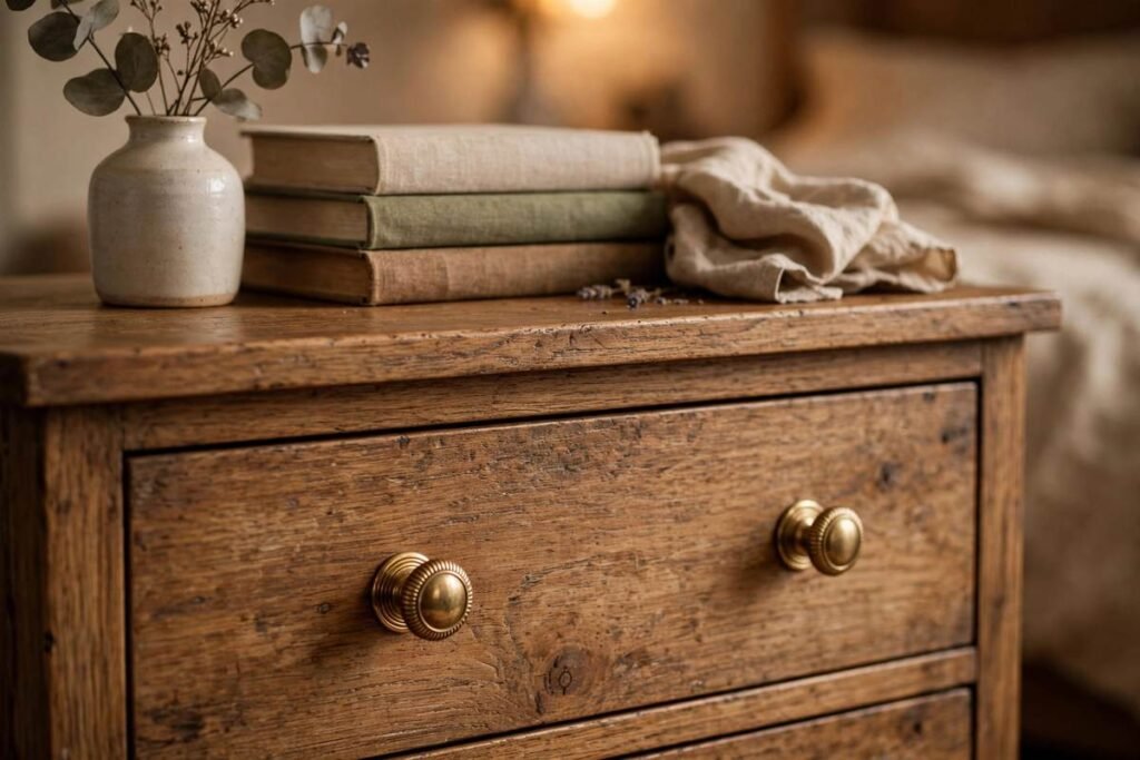 Dresser with swapped modern hardware in a rental bedroom