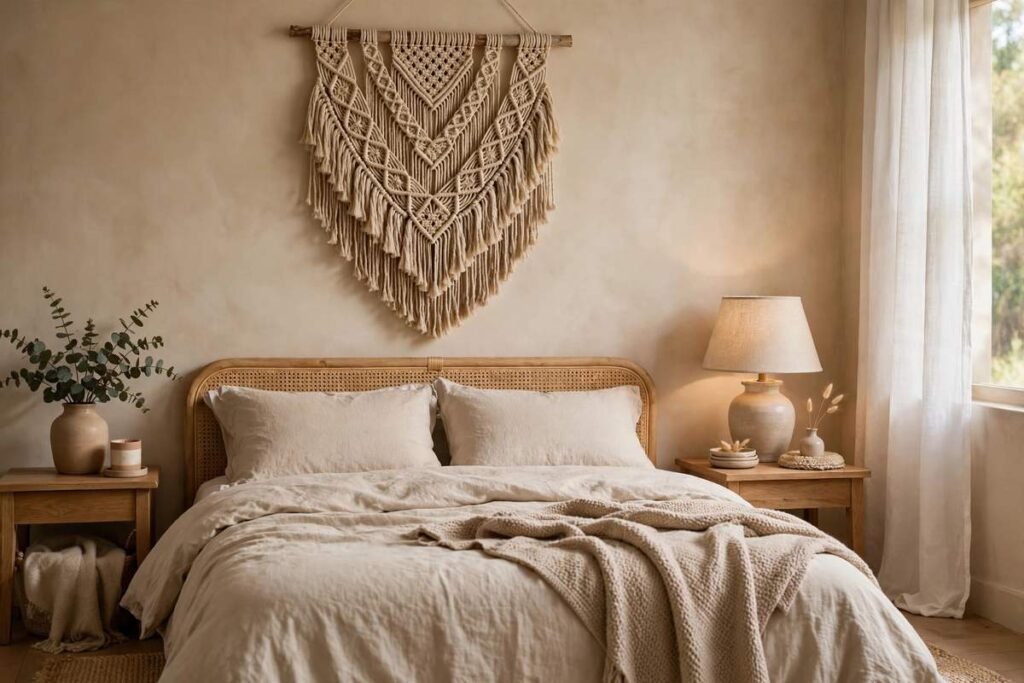 Fabric wall hanging as art in a rental bedroom