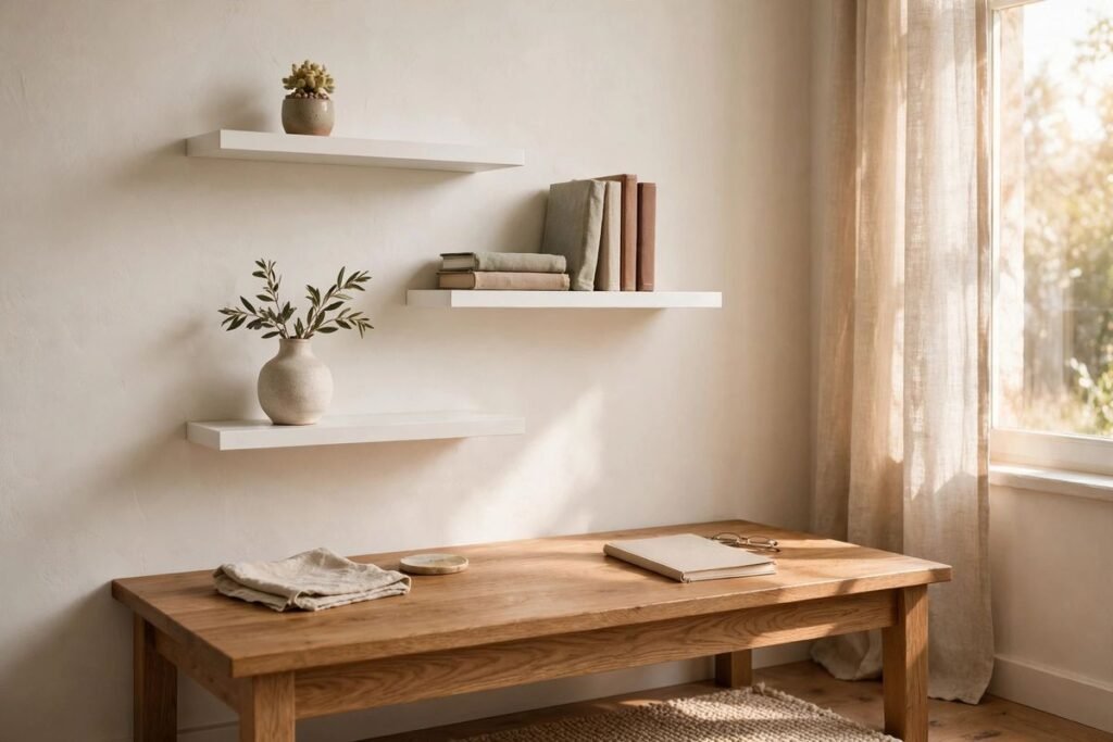 No-drill floating shelves in a rental bedroom