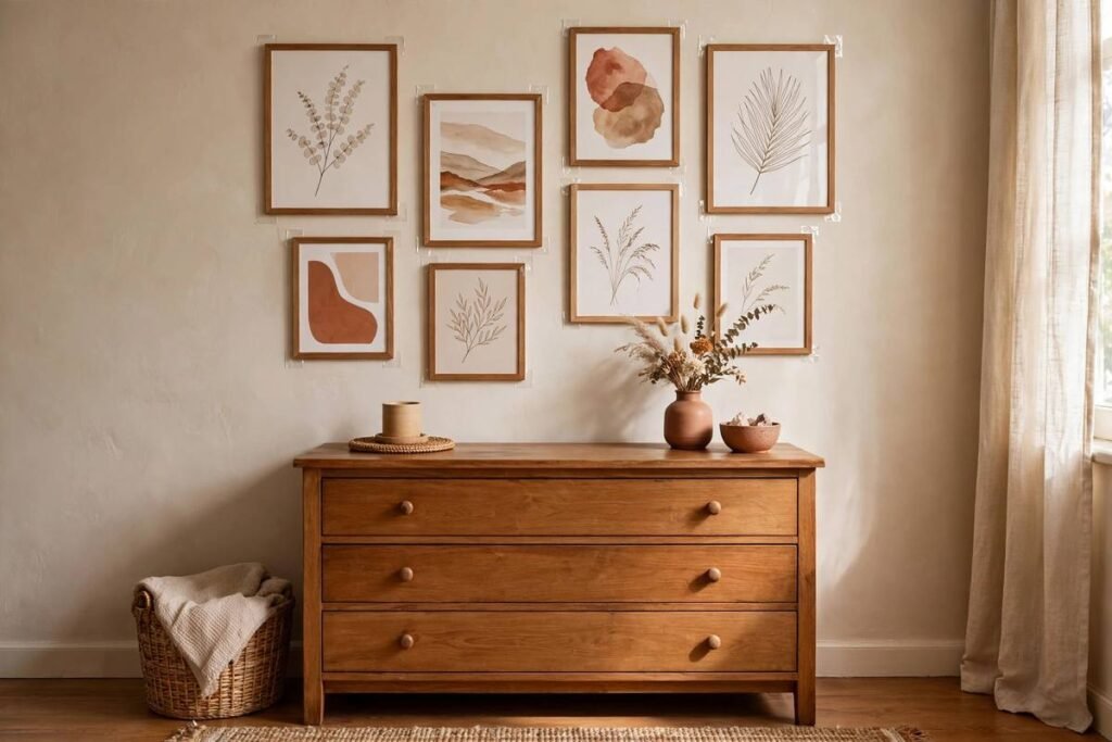 No-nails gallery wall with adhesive strips in a rental bedroom