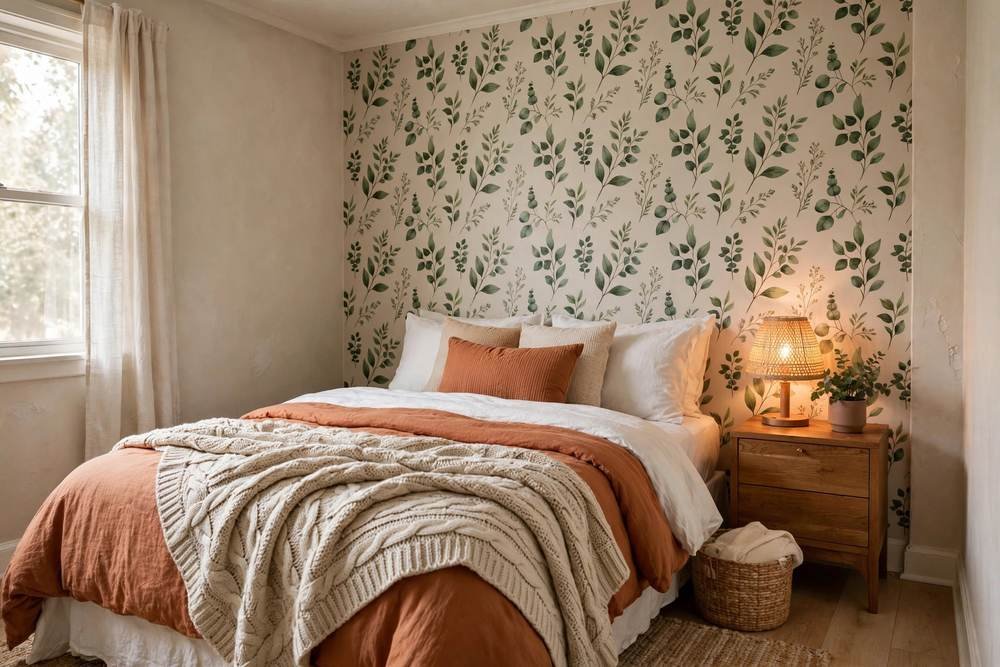 Cozy rental bedroom with peel-and-stick botanical wallpaper accent wall and terracotta bedding