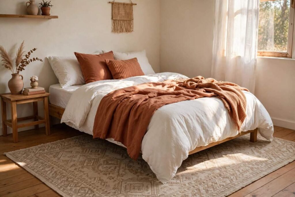 Large area rug anchoring a rental bedroom