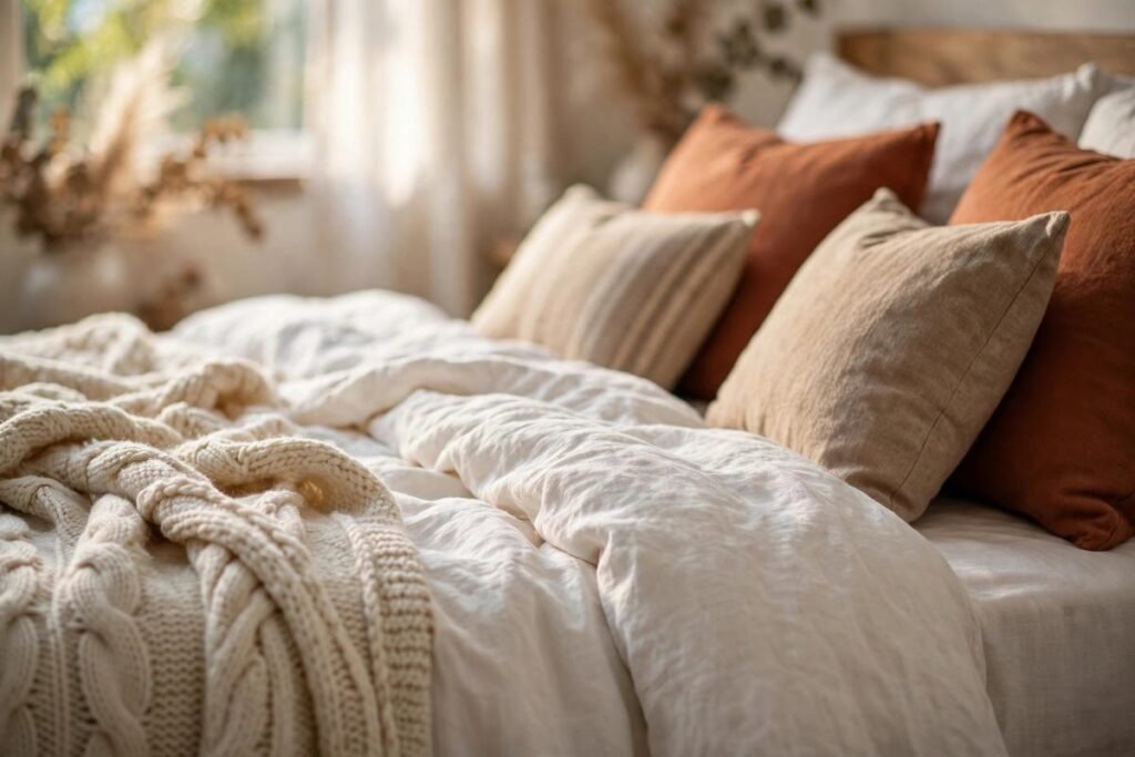 Layered bedding with throw pillows in a cozy rental bedroom