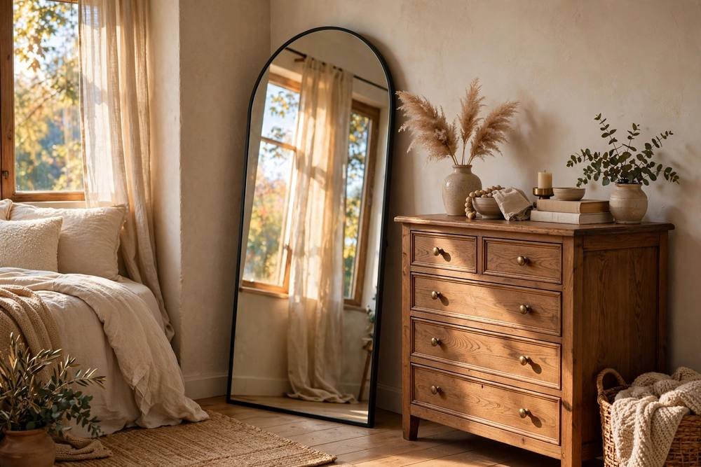 Leaning full-length mirror in a rental bedroom