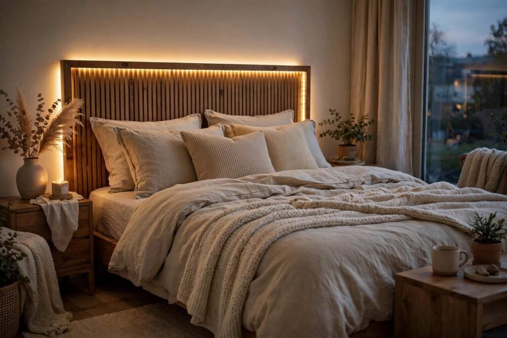 LED strip lights glowing behind a rental bed
