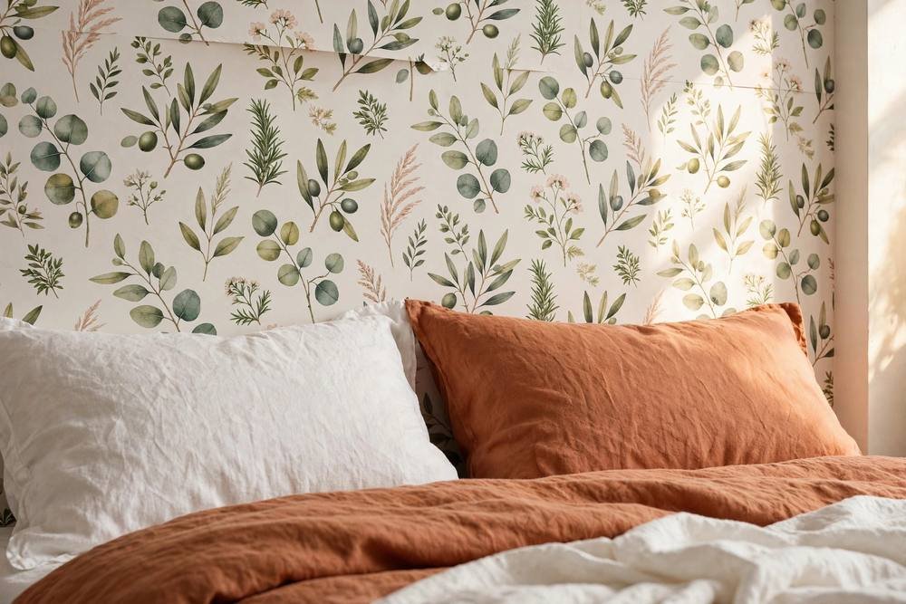 Peel-and-stick wallpaper accent wall in a rental bedroom