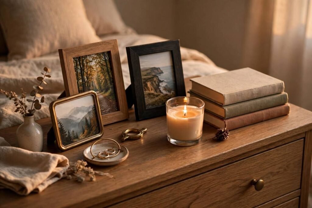 Personal photos and decor touches in a rental bedroom
