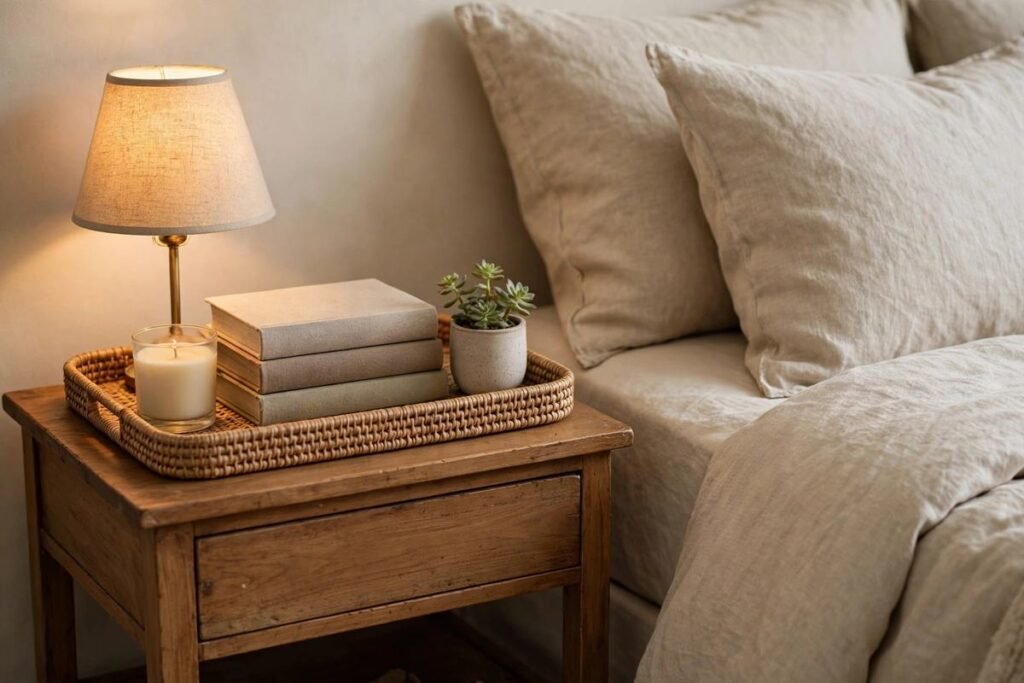 Styled nightstand with books and lamp in a rental bedroom