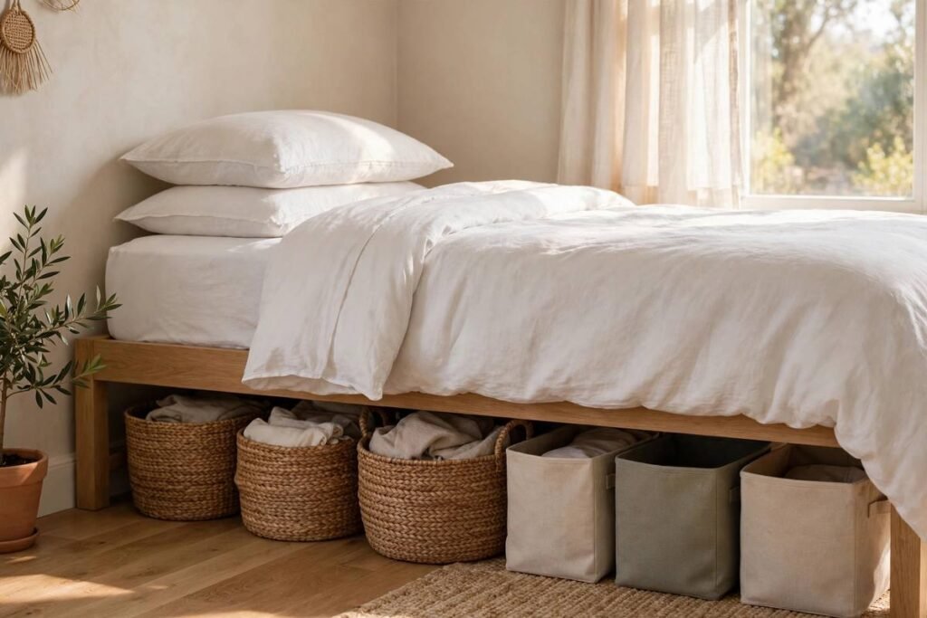 Under-bed storage bins in a small rental bedroom