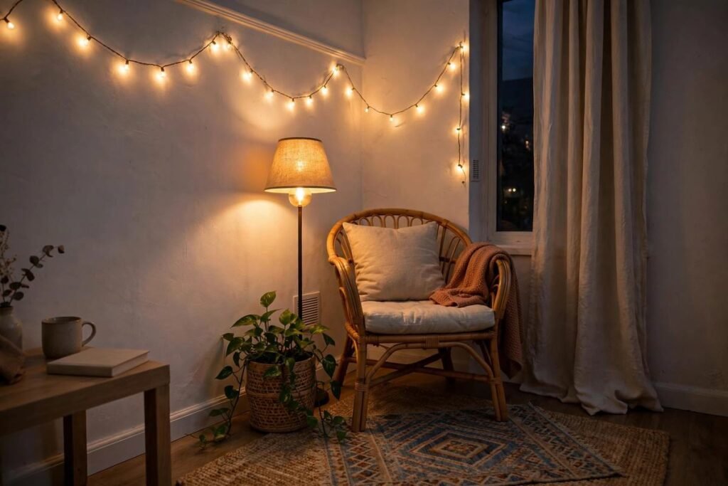 Warm table lamp lighting in a rental bedroom